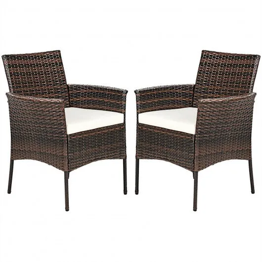 2 Pieces Rattan Arm Dining Chair Cushioned Sofa Furniture Patio