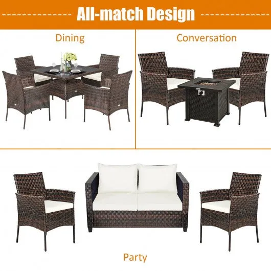 2 Pieces Rattan Arm Dining Chair Cushioned Sofa Furniture Patio