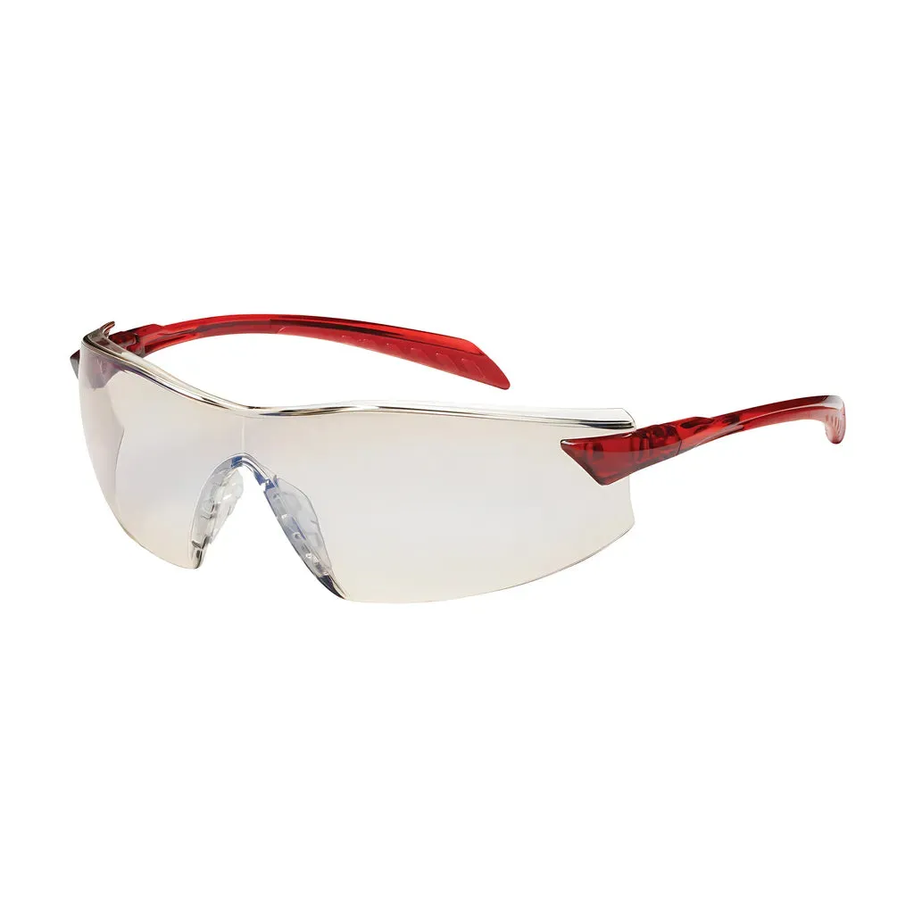 Bouton Optical 250-45-1226 Rimless Safety Glasses with Red Temple, I/O Blue Lens and Anti-Scratch / Anti-Fog Coating