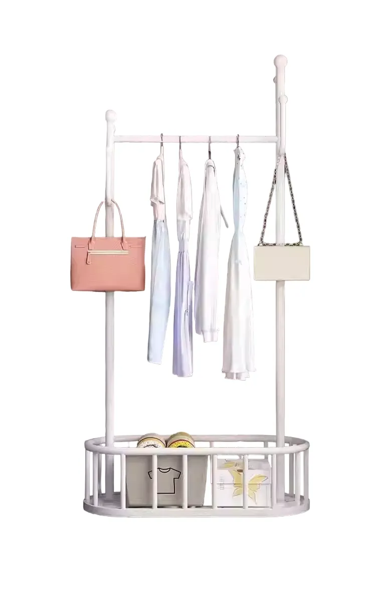 Clothes Rack On Wheels with Storage Basket-White