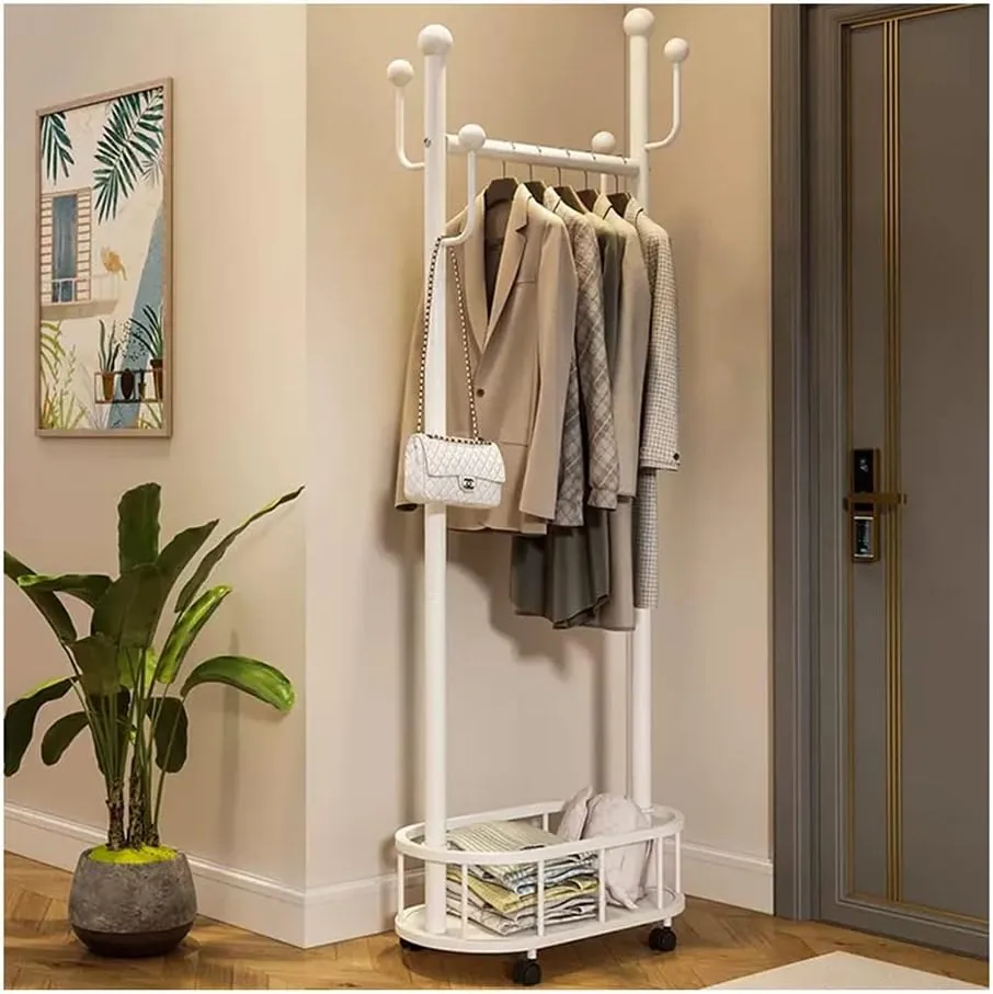 Clothes Rack On Wheels with Storage Basket-White