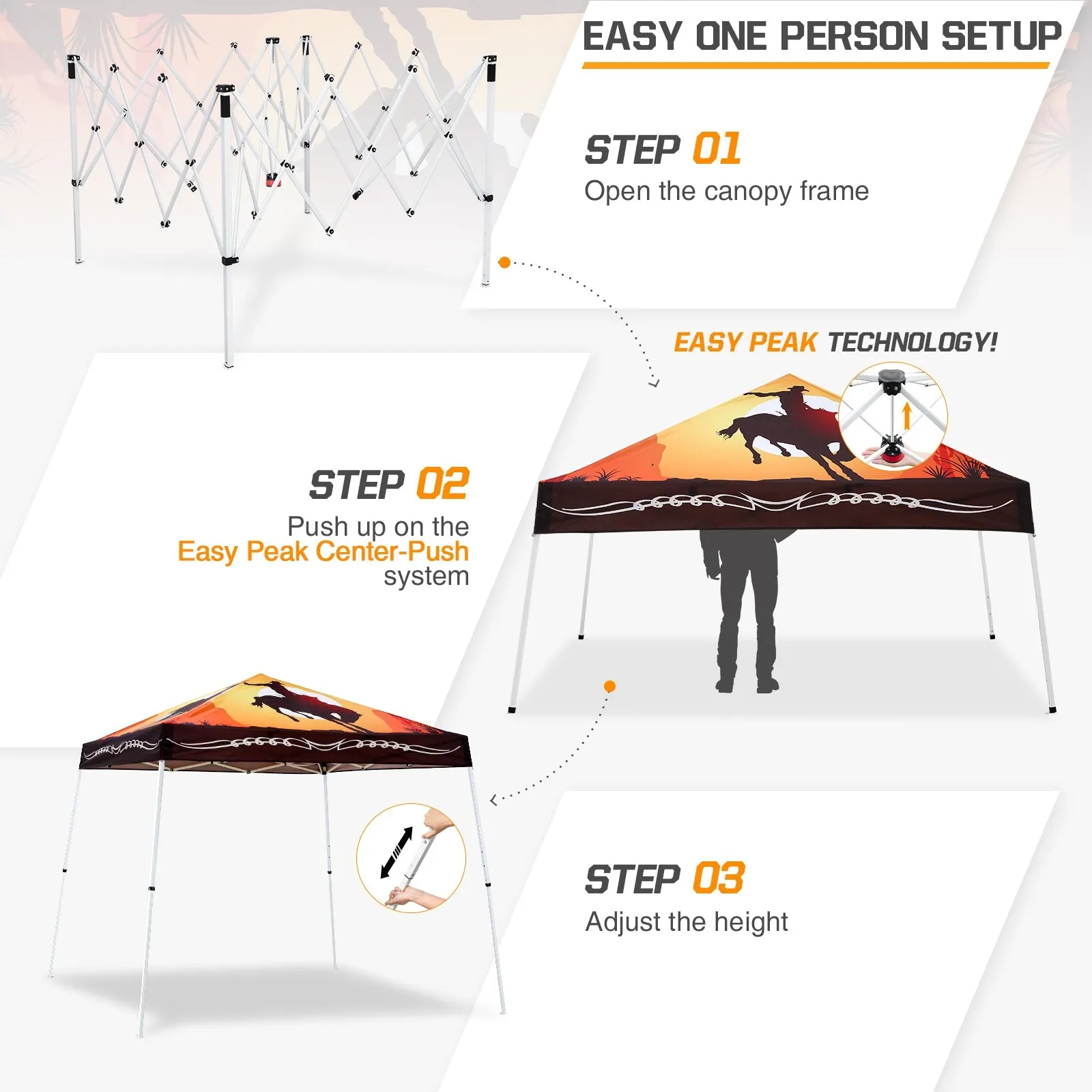 Eagle Peak SHADE GRAPHiX Slant Leg 10x10 Easy Setup Pop Up Canopy Tent with Digital Printed Cowboy