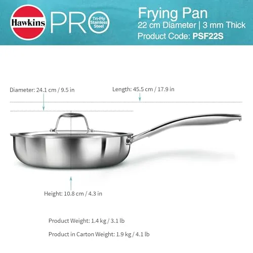 Hawkins Pro 22 cm Frying Pan, Triply Stainless Steel Fry Pan with Stainless Steel Handle and Stainless Steel Lid, Silver (PSF22S)