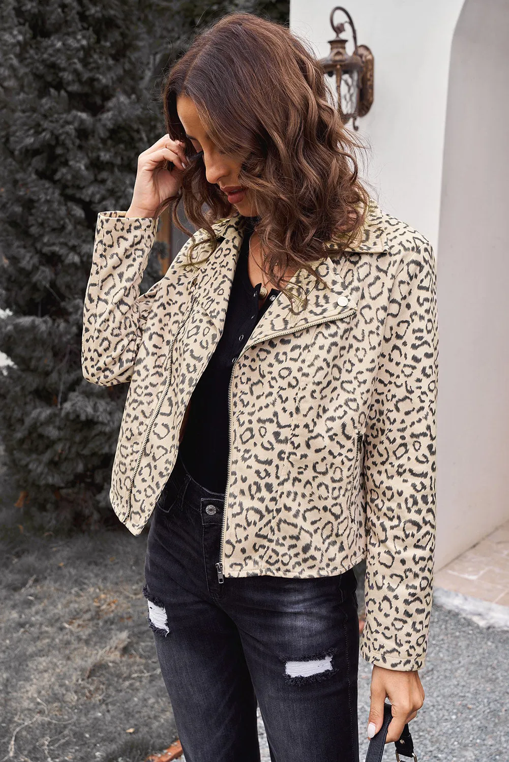 Leopard Print Zipper Lapel Collar Jacket