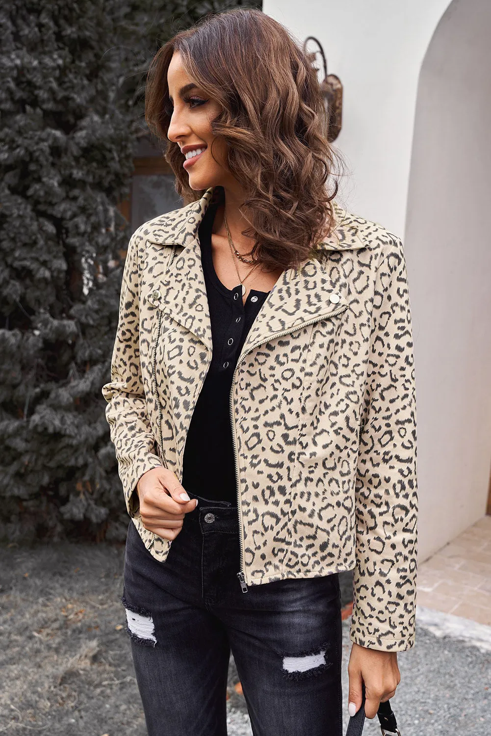 Leopard Print Zipper Lapel Collar Jacket