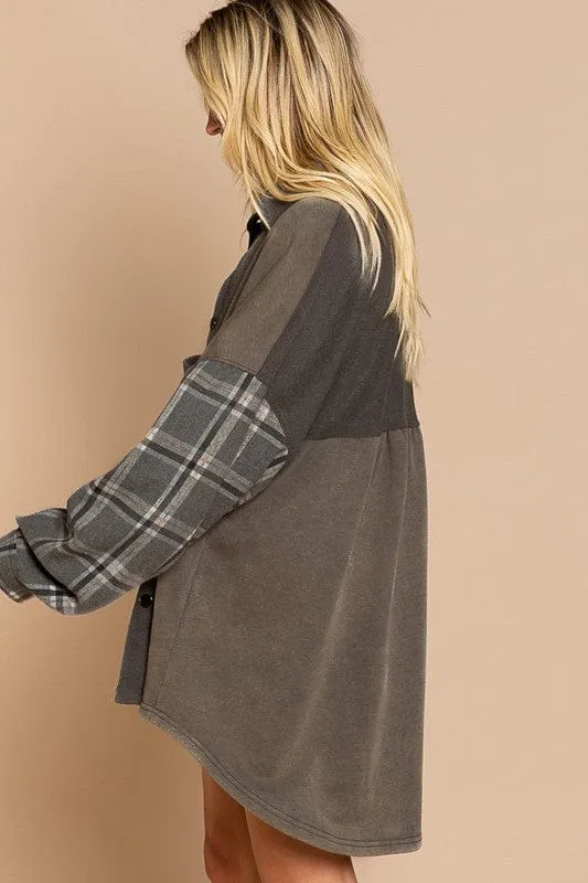 Long Sleeve With Plaid Detail Sleeve Shacket *Onine Only*