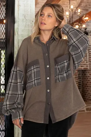 Long Sleeve With Plaid Detail Sleeve Shacket *Onine Only*