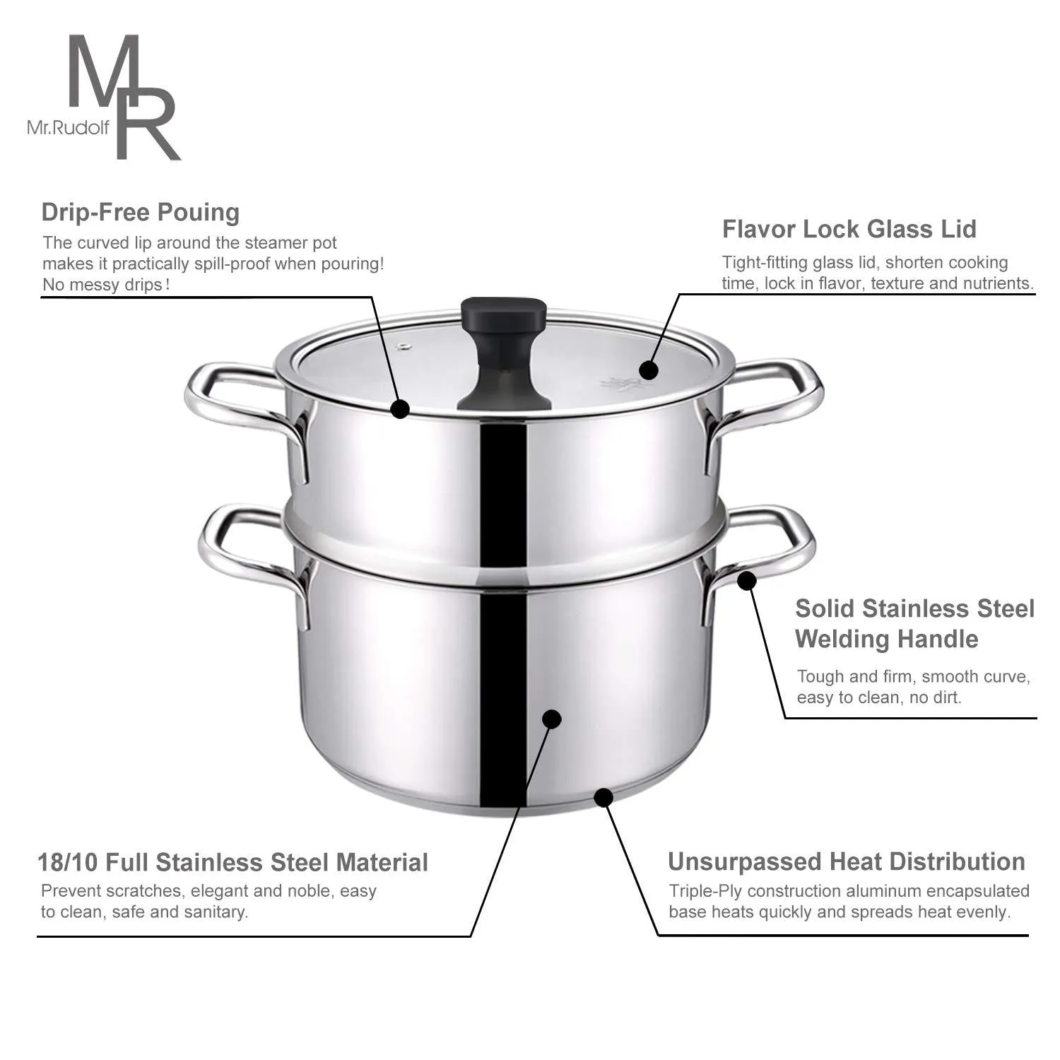 Mr Rudolf 3 Pieces 18/10 Stainless Steel Steamer Set 9.5 inch 5 Quart Sauce Pot and 5 Quart Steamer set with Glass Lid Dishwasher Safe PFOA Free