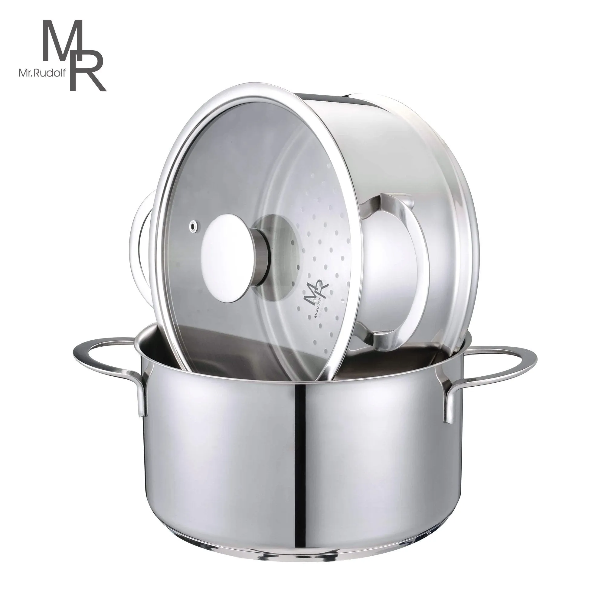 Mr Rudolf 3 Pieces 18/10 Stainless Steel Steamer Set 9.5 inch 5 Quart Sauce Pot and 5 Quart Steamer set with Glass Lid Dishwasher Safe PFOA Free