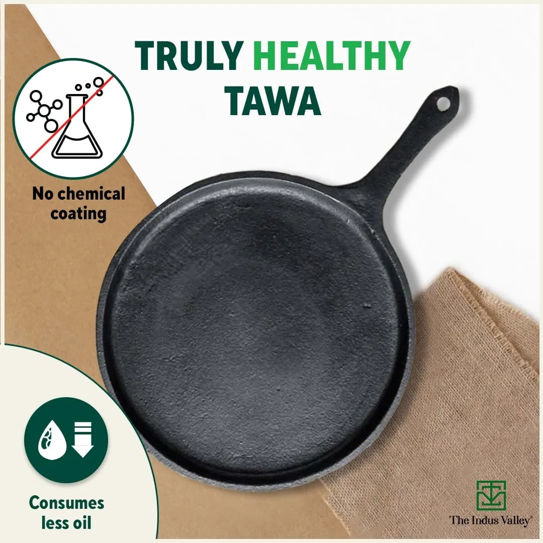 The Indus Valley Pre-Seasoned Cast Iron Cookware Set   Free Tadka Pan | Tawa (25.7cm) Kadai (25.4/3.2Lcm) Fry Pan (25cm/1.6L) | Kitchen Cooking Combo Pots and Pans Set of 3Pc | Naturally Nonstick