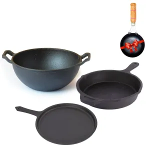 The Indus Valley Pre-Seasoned Cast Iron Cookware Set   Free Tadka Pan | Tawa (25.7cm) Kadai (25.4/3.2Lcm) Fry Pan (25cm/1.6L) | Kitchen Cooking Combo Pots and Pans Set of 3Pc | Naturally Nonstick