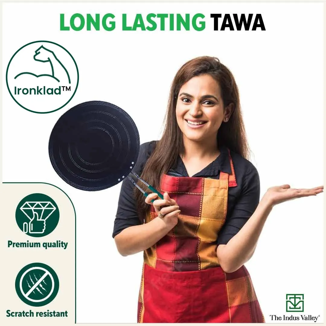 The Indus Valley Pre-Seasoned Iron Concave Tawa For Dosa/Chapathi With Silicone Grip|25.5Cm/10 Inch, 0.8Kg|Gas Compatible|100% Pure & Toxin-Free, No Chemical Coating, Black