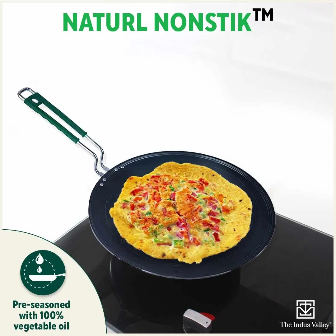 The Indus Valley Pre-Seasoned Iron Concave Tawa For Dosa/Chapathi With Silicone Grip|25.5Cm/10 Inch, 0.8Kg|Gas Compatible|100% Pure & Toxin-Free, No Chemical Coating, Black