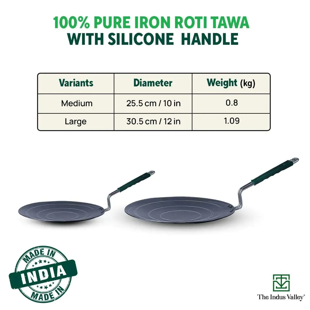 The Indus Valley Pre-Seasoned Iron Concave Tawa For Dosa/Chapathi With Silicone Grip|25.5Cm/10 Inch, 0.8Kg|Gas Compatible|100% Pure & Toxin-Free, No Chemical Coating, Black