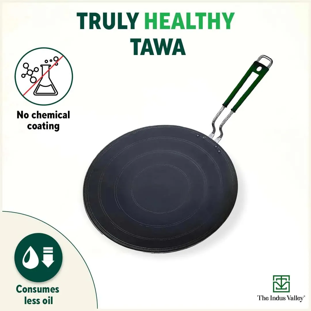 The Indus Valley Pre-Seasoned Iron Concave Tawa For Dosa/Chapathi With Silicone Grip|25.5Cm/10 Inch, 0.8Kg|Gas Compatible|100% Pure & Toxin-Free, No Chemical Coating, Black