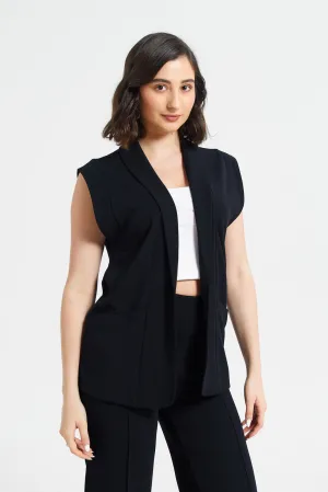 Women Black Plain Sleeveless Jacket