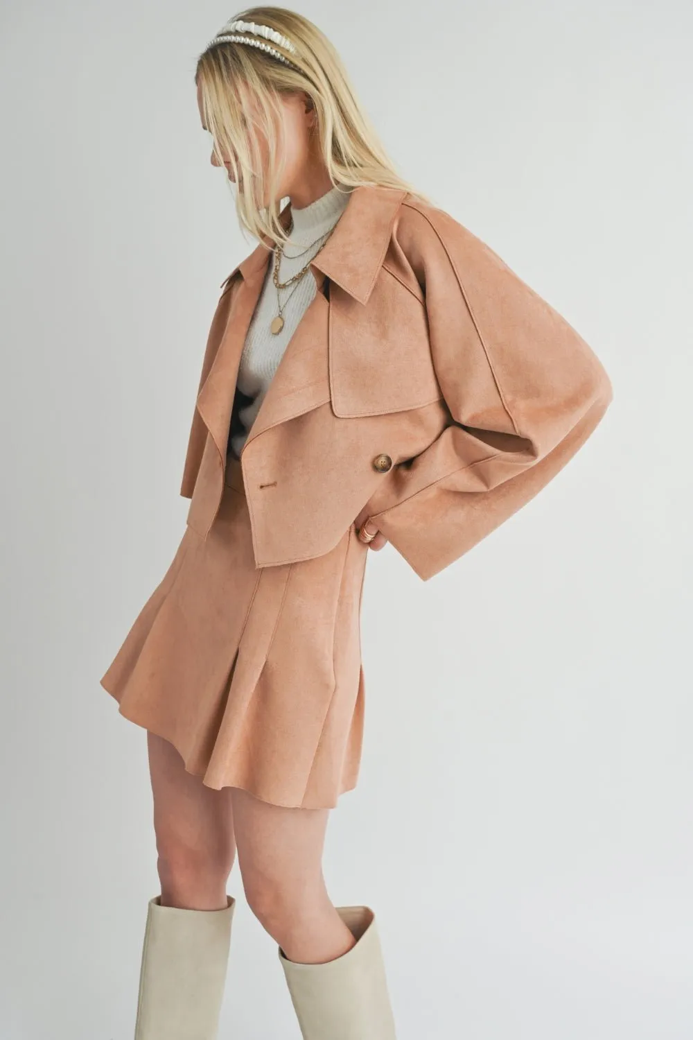 Women's Suede Cropped Trench Coat | Sage The Label | Camel Brown