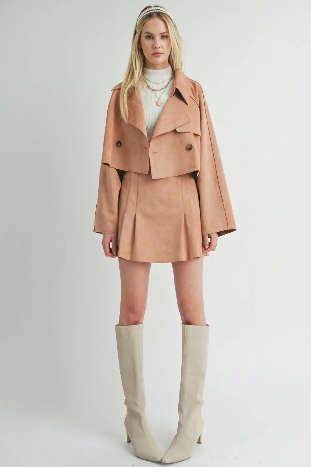 Women's Suede Cropped Trench Coat | Sage The Label | Camel Brown