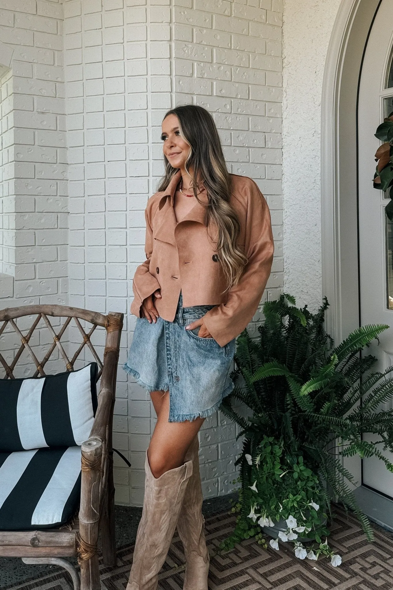 Women's Suede Cropped Trench Coat | Sage The Label | Camel Brown